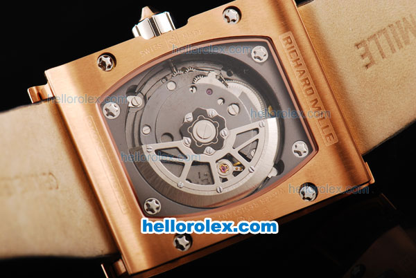 Richard Mille RM016 Rose Gold Case with Rose Gold Roman Markers and Black Leather Strap - Click Image to Close